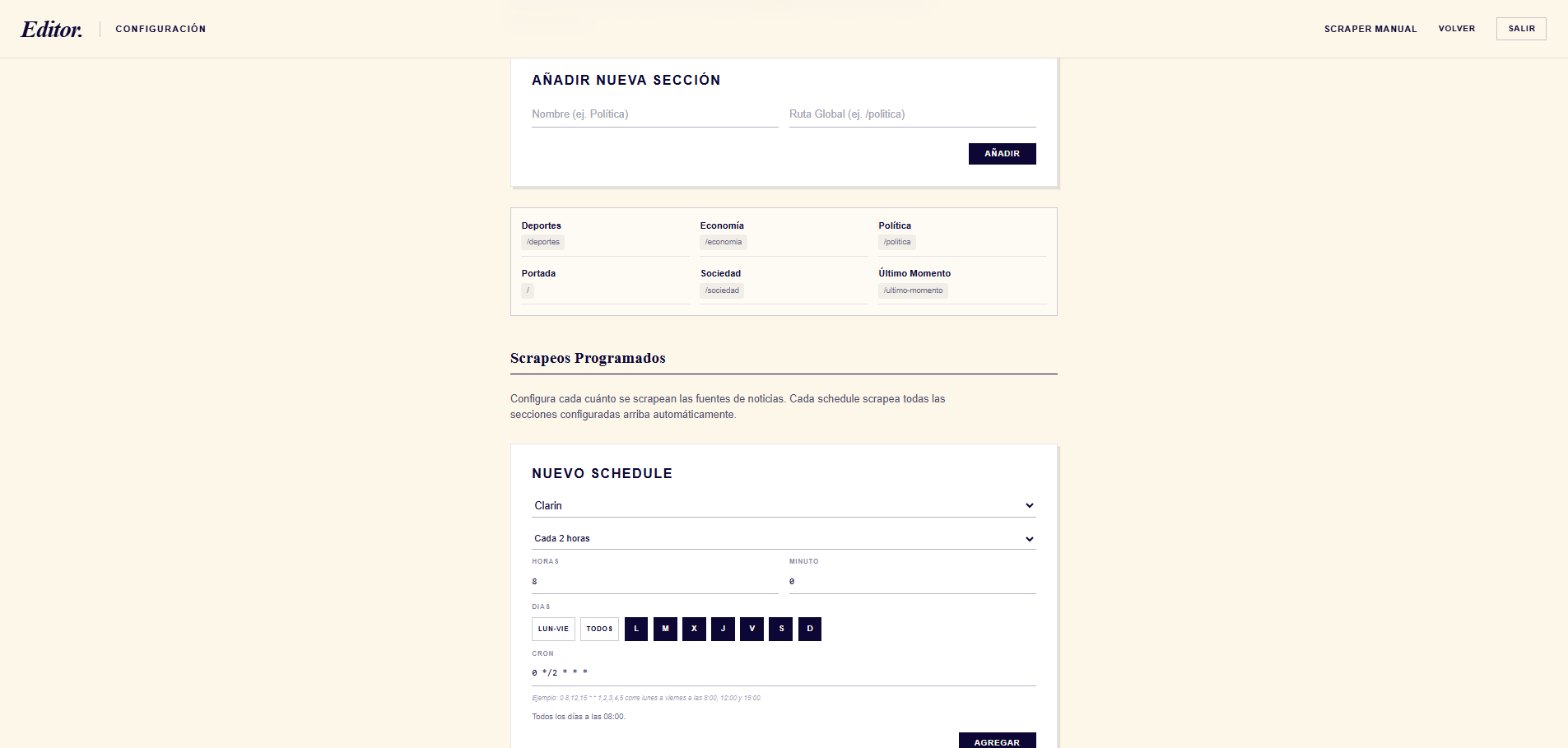 Settings — Secciones y scrapeos programados a tu gusto.